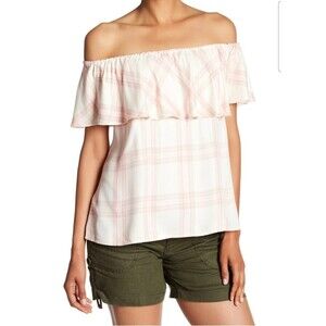 Sanctuary Clothing Off Shoulder Pink Plaid Misha Peasant Cottage Blouse Medium